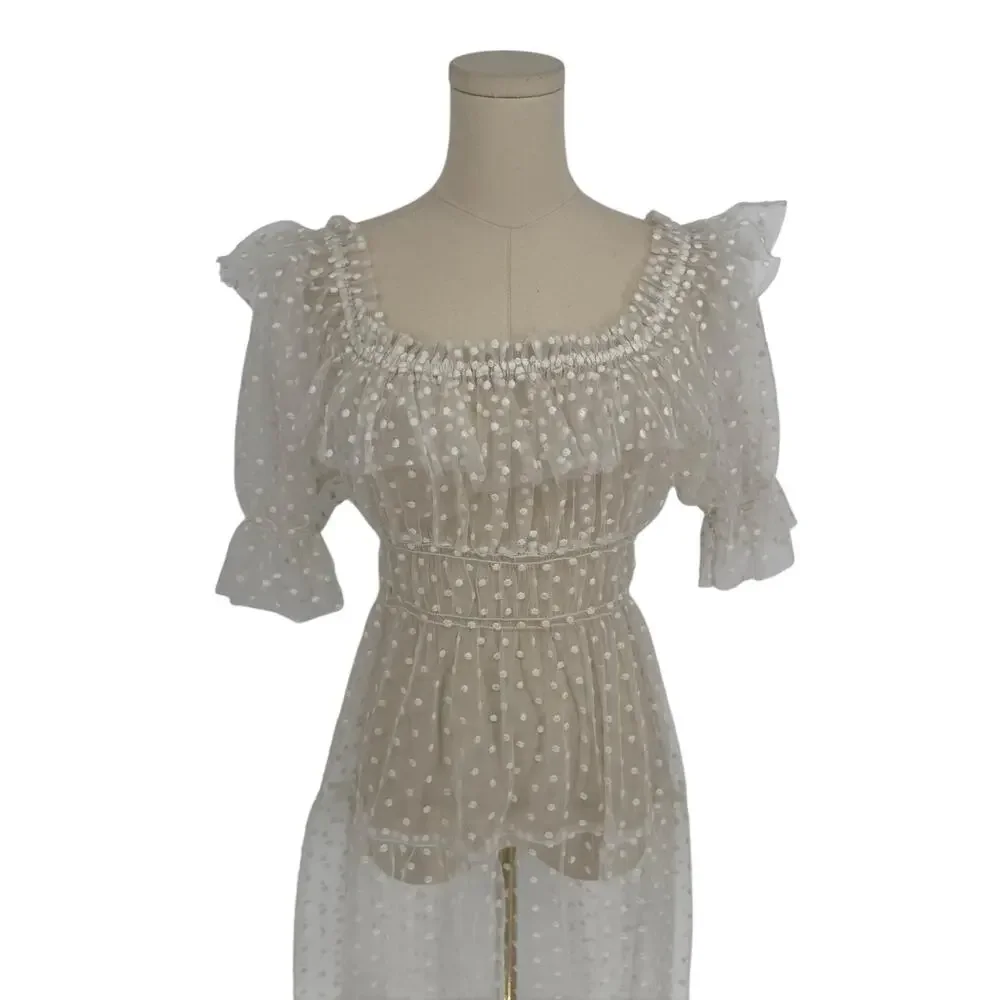 DOEN Bohemian Sheer White Swiss Dot Tulle Maxi Dress, Size M Unlined Summer - Picture 2 of 7